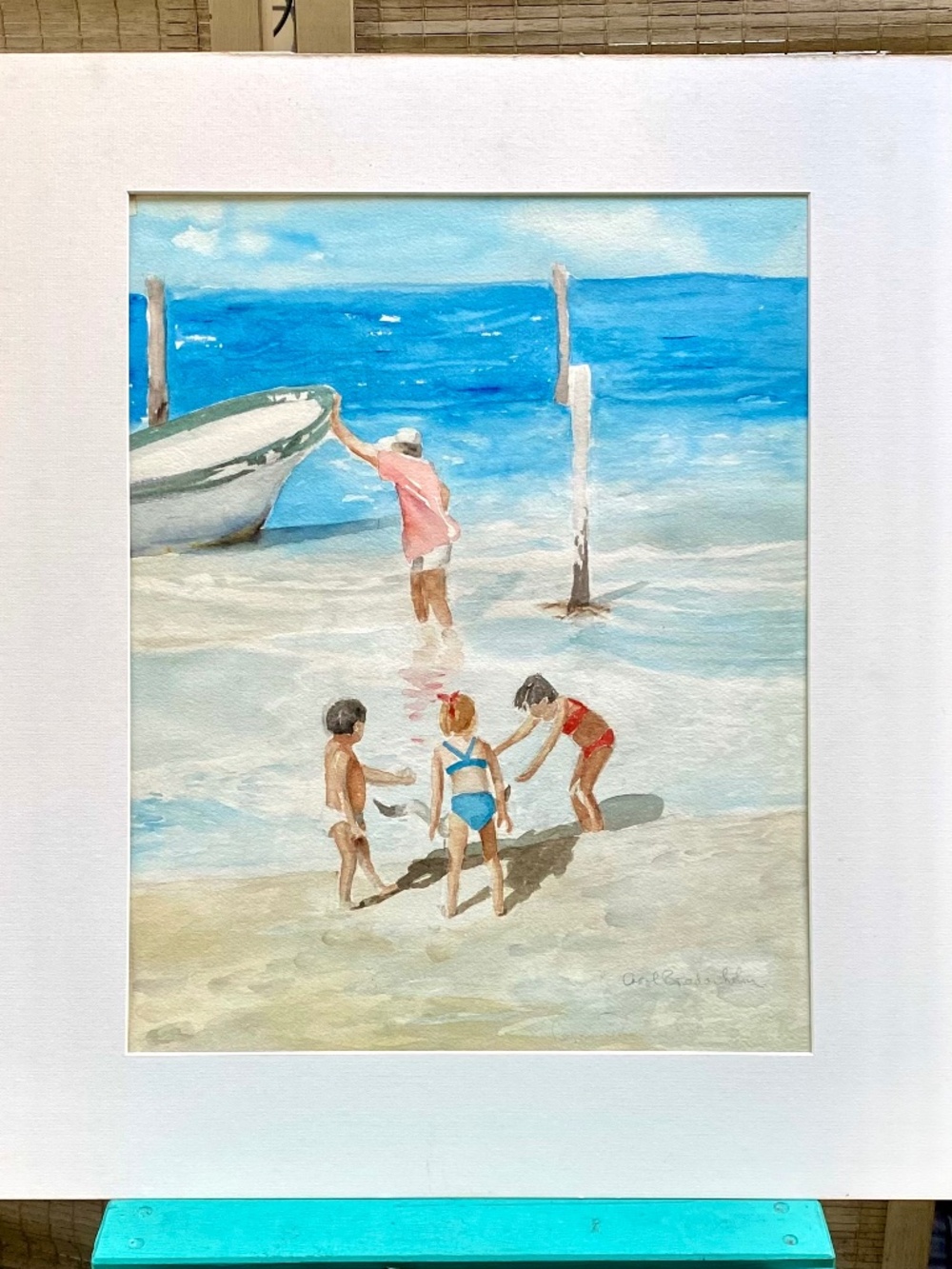 Original watercolour painting of children at beach..14 by17
